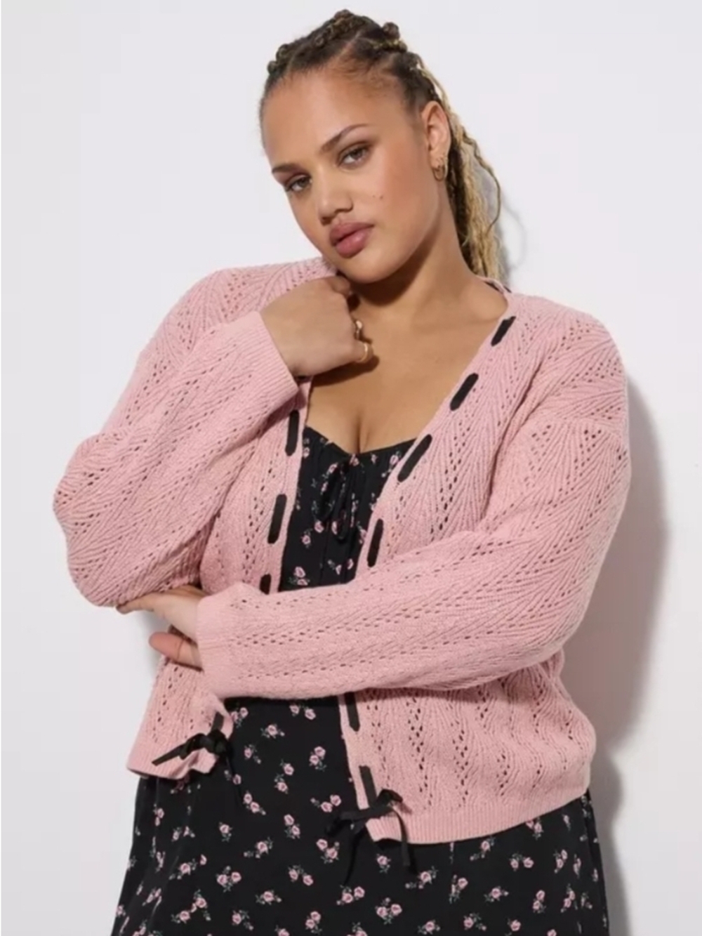 Torrid Lovesick Pink Cardigan with Black Bow Ribbon Accents, Size 0 NWT